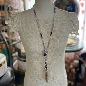 Black Silver & Purple AB Crystal Lariat Necklace with Gold-Tone Tassels